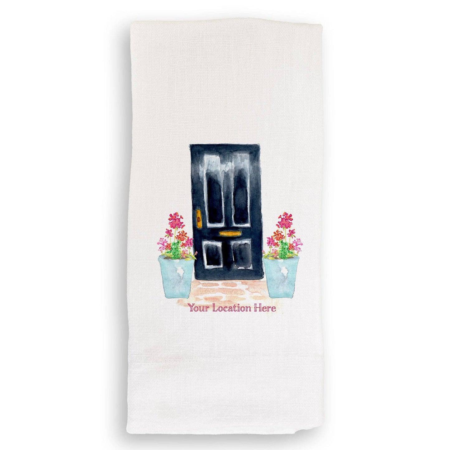 Black Door with Geraniums and Location: Dishtowel / -