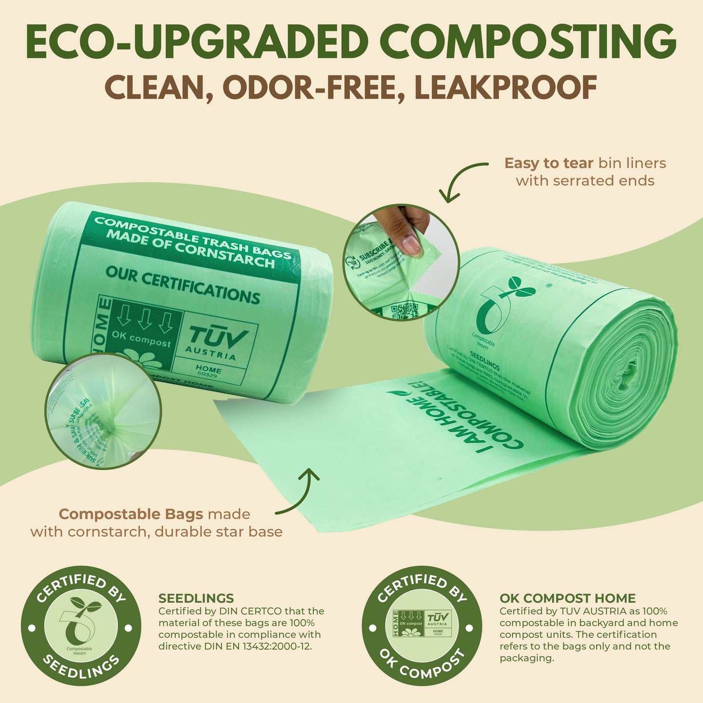 Compostable Trash Bags 1.6 Gal - Roll of 50 Compost Bin Bags