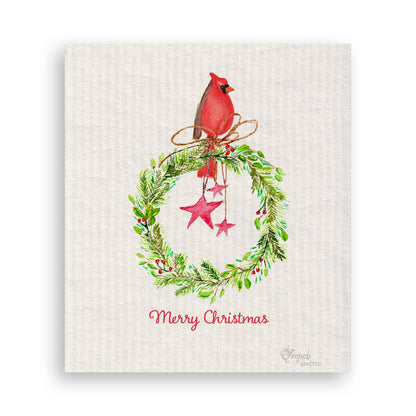 Cardinal Sitting On Wreath with Stars: Dishtowel / -