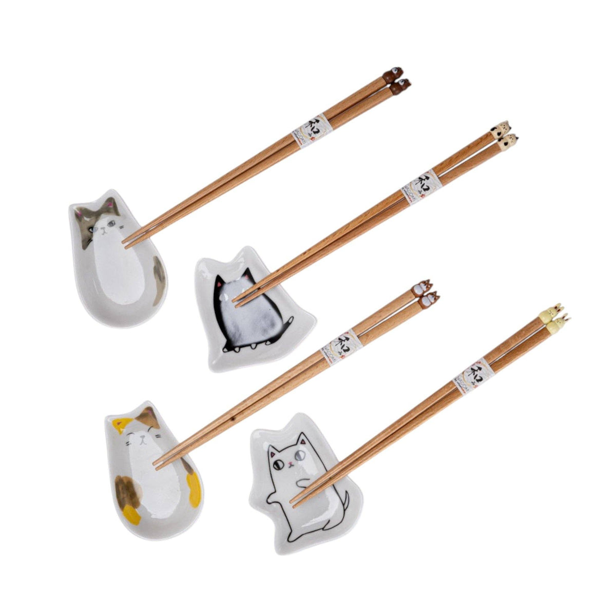 4 Pair Cute Cats Wooden Chopsticks and Sauce Dish Gift Set (1/20)
