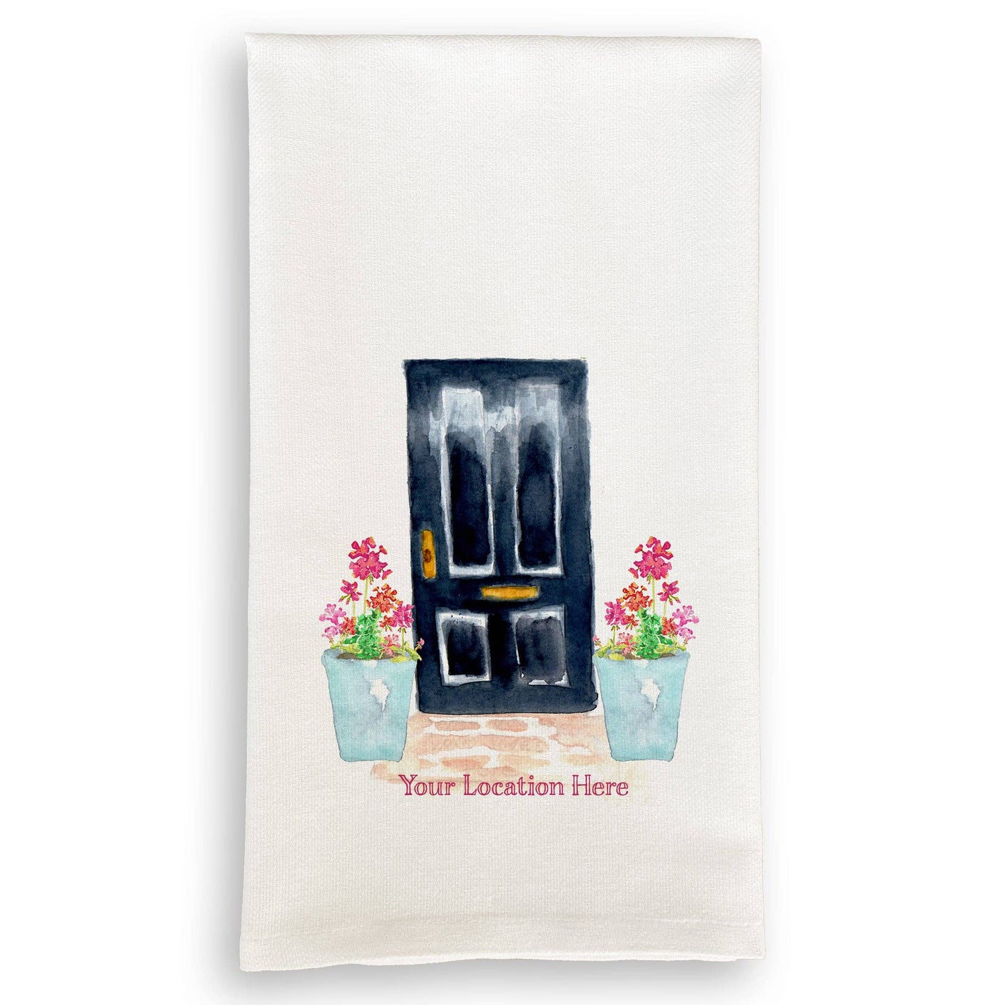 Black Door with Geraniums and Location: Dishtowel / -