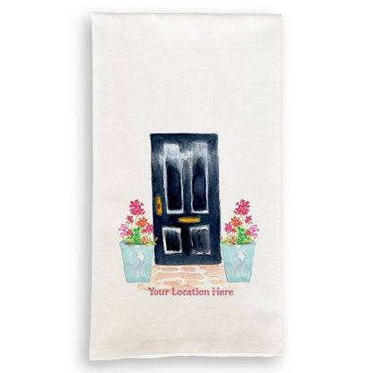 Black Door with Geraniums and Location: Dishtowel / -
