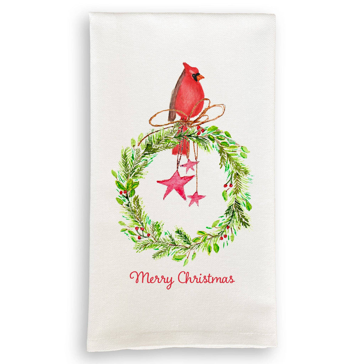 Cardinal Sitting On Wreath with Stars: Dishtowel / -