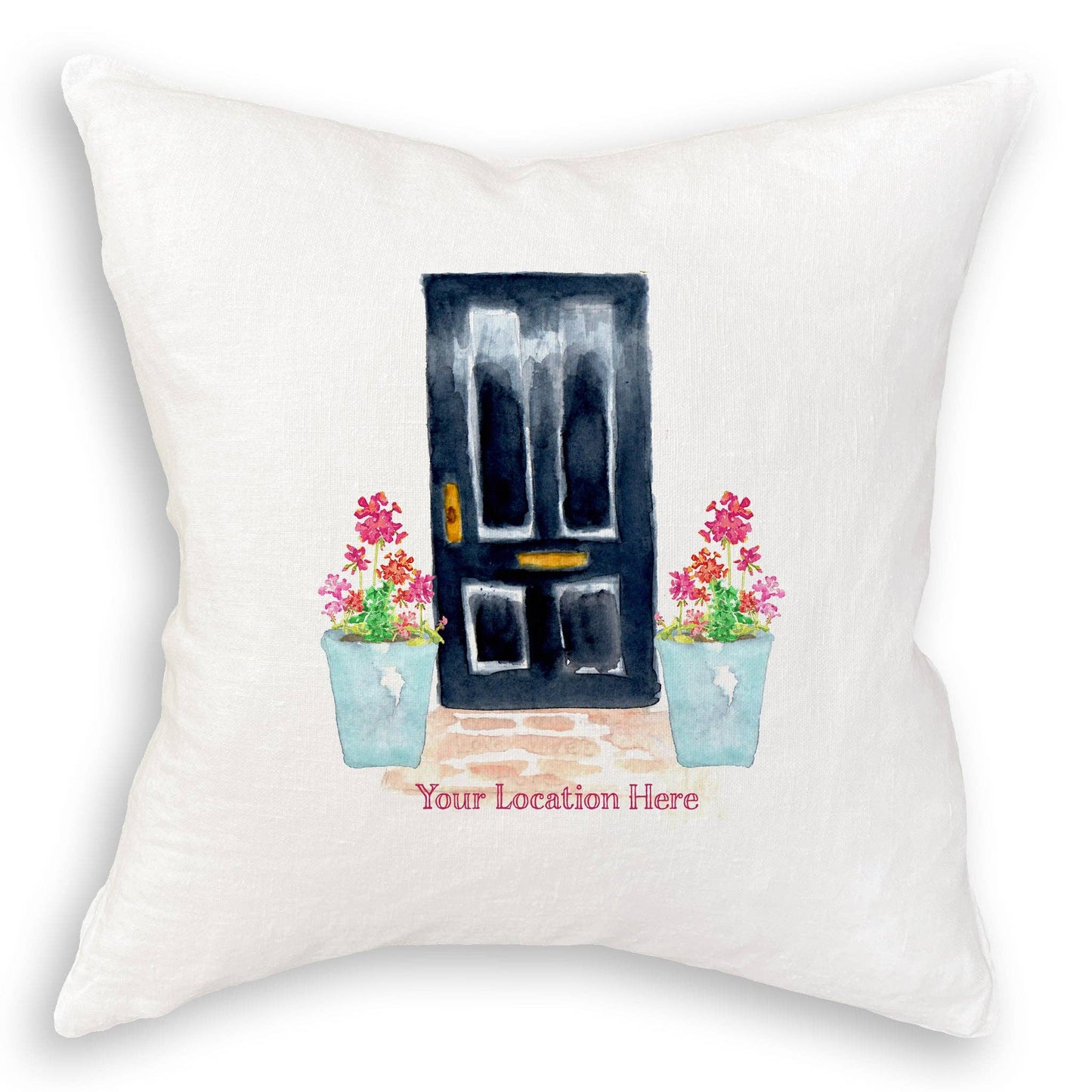 Black Door with Geraniums and Location: Dishtowel / -