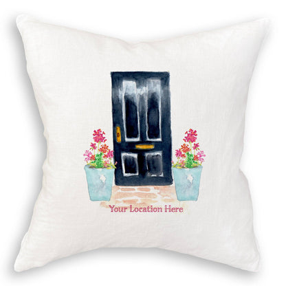 Black Door with Geraniums and Location: Dishtowel / -