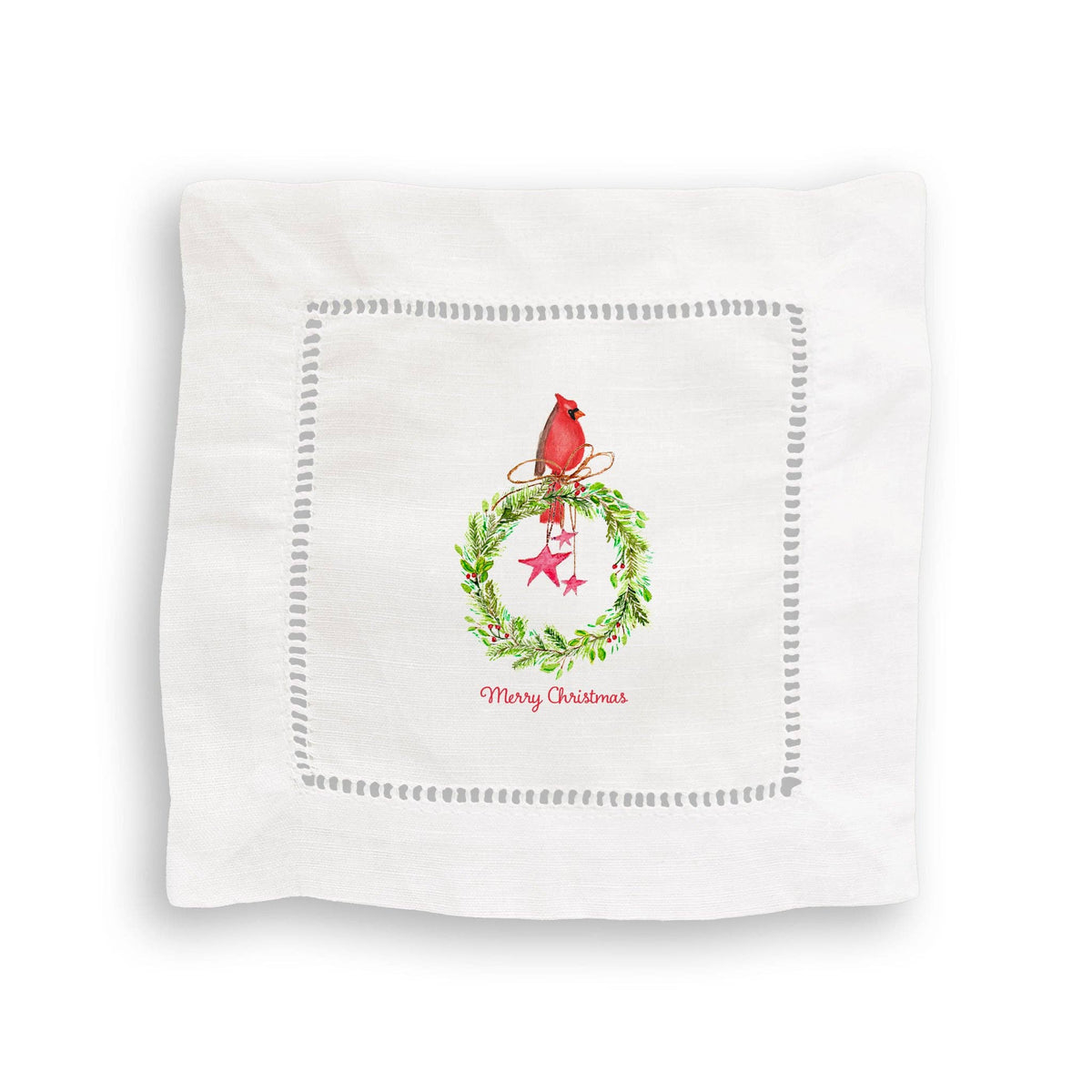 Cardinal Sitting On Wreath with Stars: Dishtowel / -