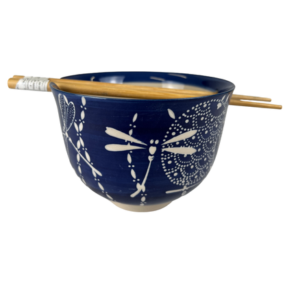 Ceramic Donburi Bowl & Chopsticks Gift Set – Tombo Dragonfly, 18 oz